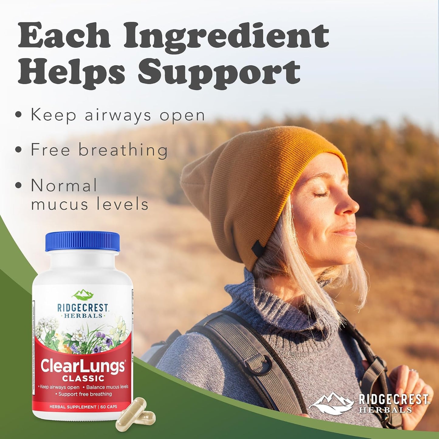 RidgeCrest Herbals ClearLungs Classic Natural Lung Health Support 60 Ct | 30 Servings, 13 Unique Herbs, Nasal Wellness, Respiratory and Bronchial Support, Sinus, Mucus and Immune Health