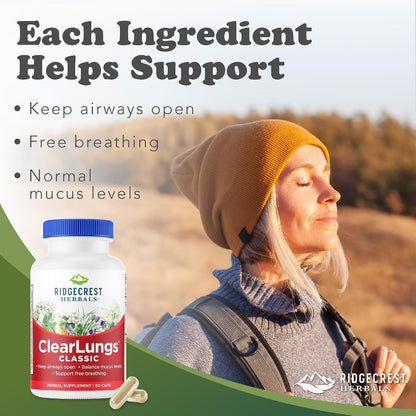 RidgeCrest Herbals ClearLungs Classic Natural Lung Health Support 60 Ct | 30 Servings, 13 Unique Herbs, Nasal Wellness, Respiratory and Bronchial Support, Sinus, Mucus and Immune Health