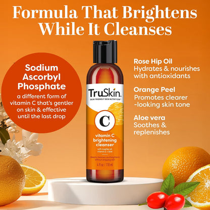TruSkin Vitamin C Brightening Face Wash with Rosehip Oil, 4 fl oz | Vitamins C & E, Aloe Vera and MSM gently cleanse, refresh and support radiant-looking skin without over-drying