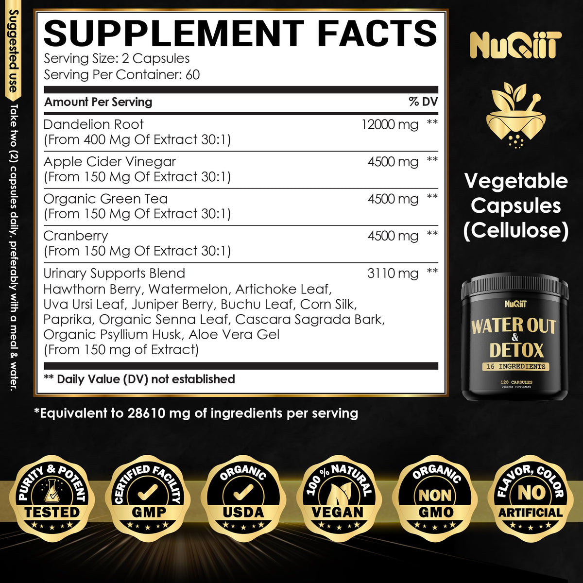 Nuqiit Water Out Supplement with Dandelion Root 12000mg Apple Cider Vinegar 4500mg & More
