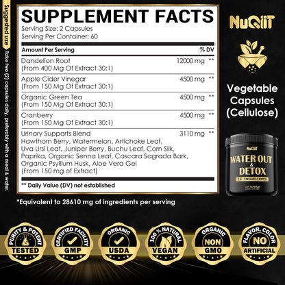 Nuqiit Water Out Supplement with Dandelion Root 12000mg Apple Cider Vinegar 4500mg & More