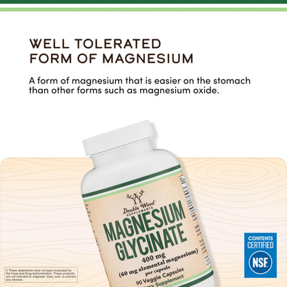 Magnesium Glycinate 400mg | 180 Capsules | Sleep, Muscle, & Heart Support | Vegan, Third Party Tested, Gluten Free, Non-GMO, by Double Wood Supplements