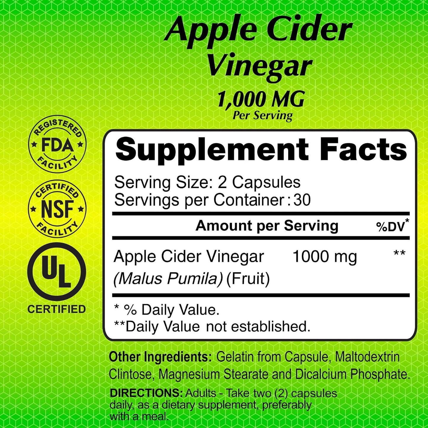 ALFA VITAMINS Apple Cider Vinegar 1000 mg Daily Wellness Supplement - 60 Capsules 2 Pack