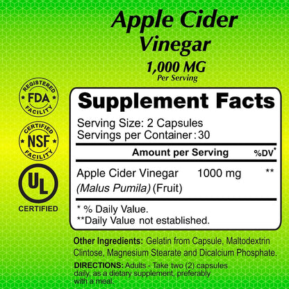 ALFA VITAMINS Apple Cider Vinegar 1000 mg Daily Wellness Supplement - 60 Capsules 2 Pack