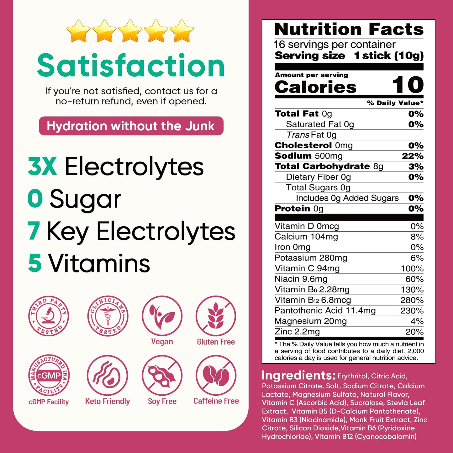 Venture Pal Sugar Free Electrolyte Powder, Liquid Daily IV Hydration Packet | 7 Electrolytes & 5 Vitamins, Electrolytes Dink Mix for Party Recovery & Instantly Hydration, Vegan, Keto-Friendly, 16 Sticks