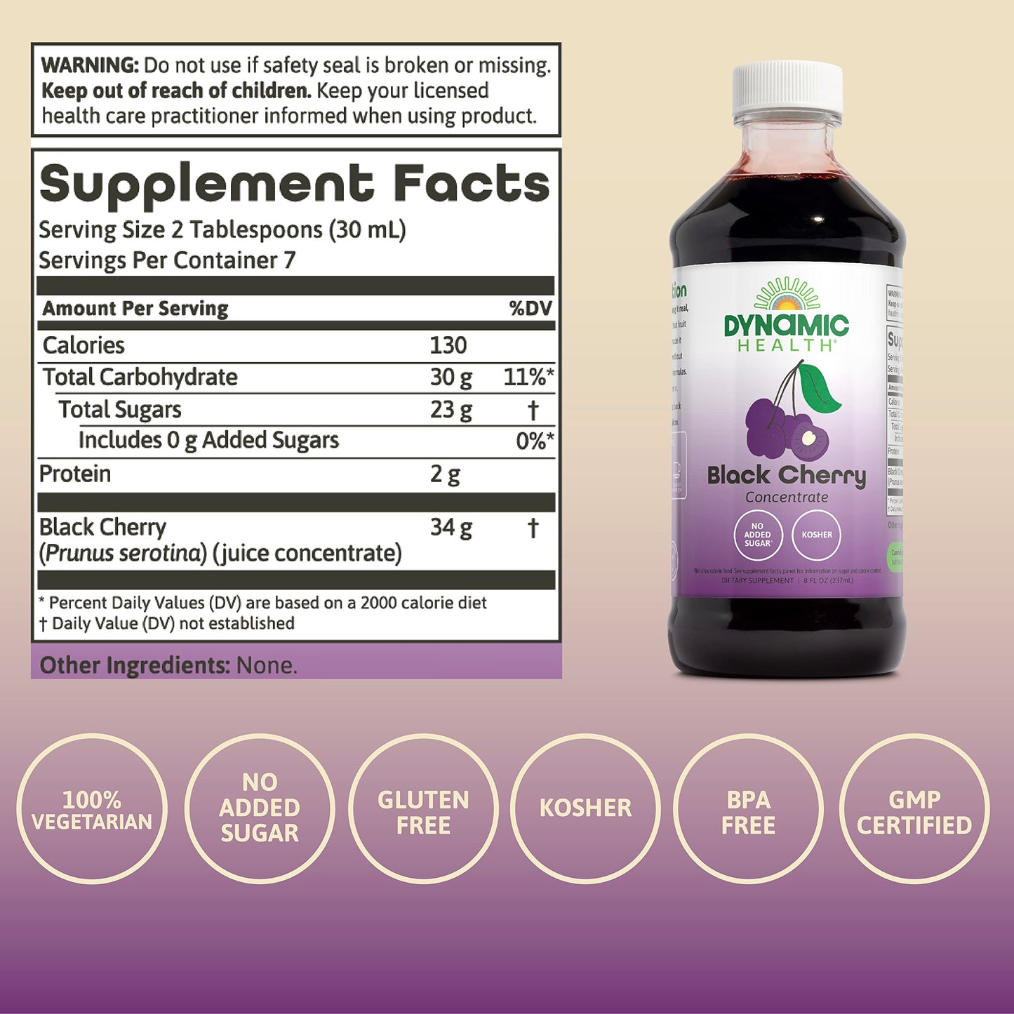 Dynamic Health 100% Pure Black Cherry Juice Concentrate, No Additives, Antioxidant Supplement, Urinary Tract & Joint Support, 16 Fl oz