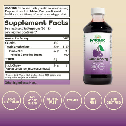 Dynamic Health 100% Pure Black Cherry Juice Concentrate, No Additives, Antioxidant Supplement, Urinary Tract & Joint Support, 16 Fl oz
