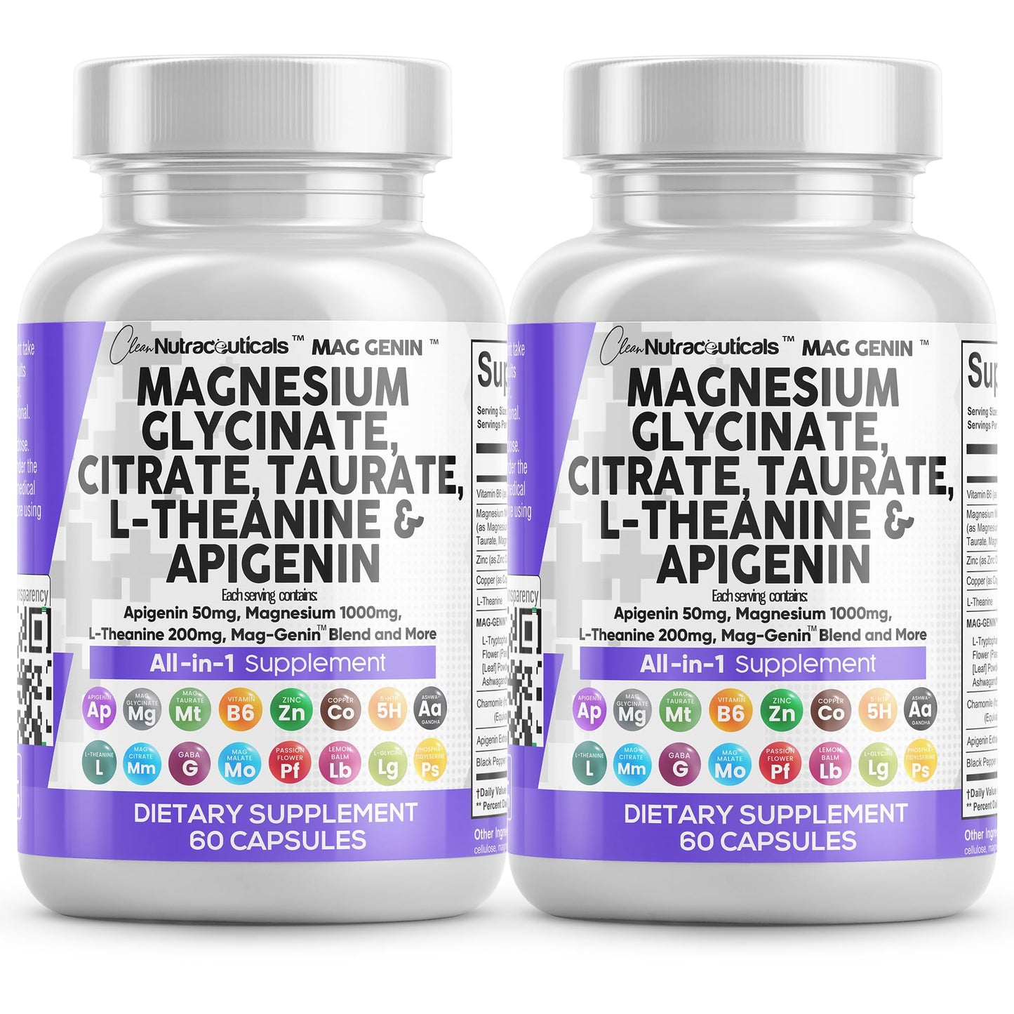 Clean Nutraceuticals Magnesium Glycinate Complex 1000mg with L-Theanine 200mg Apigenin 50mg Citrate Taurate Supplement - 5-HTP GABA Passion Flower Lemon Balm L-Glycine Phosphatidylserine - 60 Count