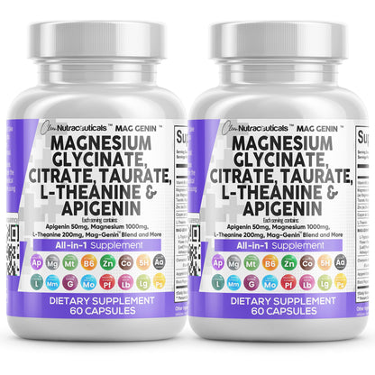 Clean Nutraceuticals Magnesium Glycinate Complex 1000mg with L-Theanine 200mg Apigenin 50mg Citrate Taurate Supplement - 5-HTP GABA Passion Flower Lemon Balm L-Glycine Phosphatidylserine - 60 Count