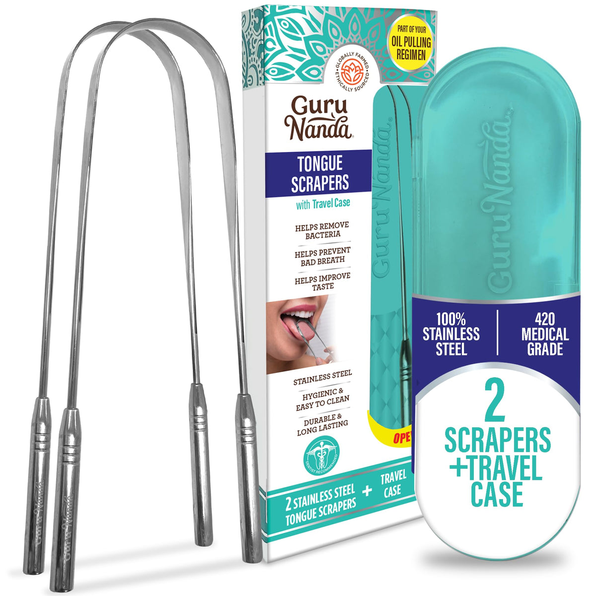 GuruNanda Stainless Steel Tongue Scraper (Pack of 2), Fight Bad Breath, Medical Grade 100% Stainless Steel Tongue Cleaner, Tongue Scraper For Adults and Kids, Great For Oral Care, Travel Friendly