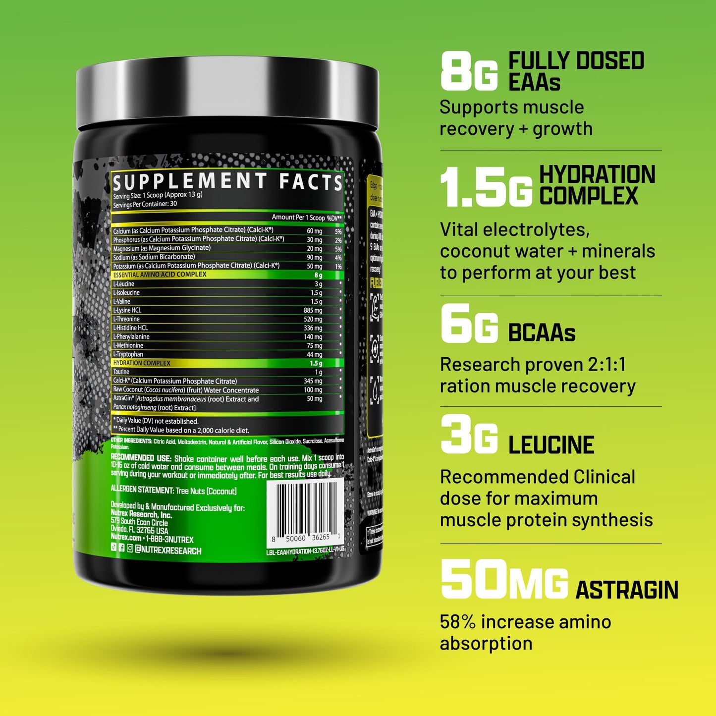 Nutrex Research EAA Hydration | EAAs + BCAA Powder | Muscle Recovery, Strength, Muscle Building, Endurance | 8G Essential Amino Acids + Electrolytes | Strawberry Watermelon 30 Serving