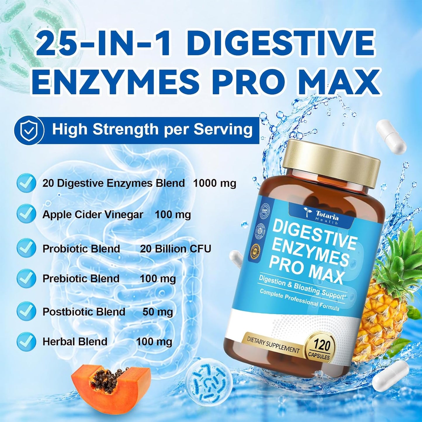 Digestive Enzymes Pro Max 1000mg, 25-in-1 with Apple Cider Vinegar, Probiotics, Prebiotics, Postbiotics, Bromelain, Papain, Lactase, Gentian, Artichoke, Ginger for Digestion, Bloating & Gut, 120 Caps