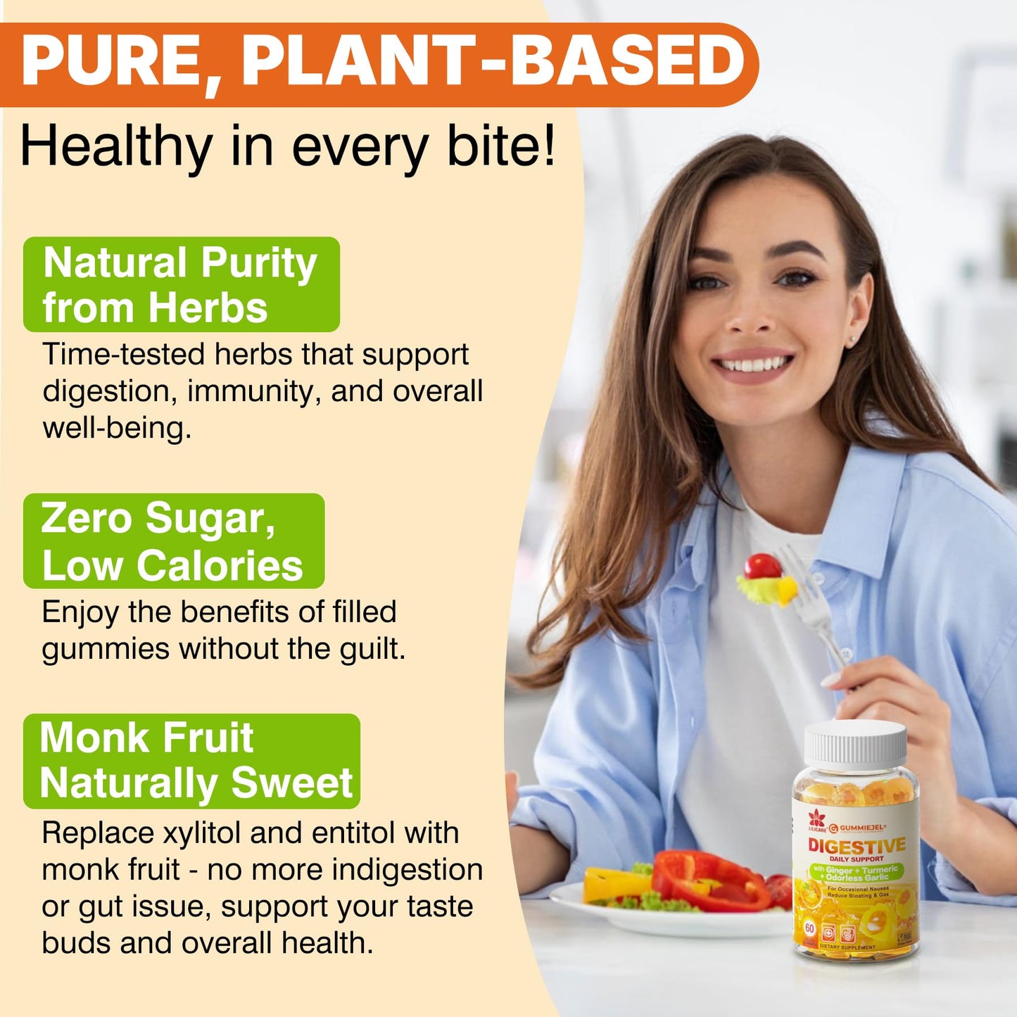 LILICARE Ginger Chews Gummies for Nausea & Digestive Support, Stomach Relief - Sugar Free with Turmeric & Odorless Garlic, Quercetin, Vitamin D3, C, Delicious Digestive Supplements, 60Cts (Pack of 1)