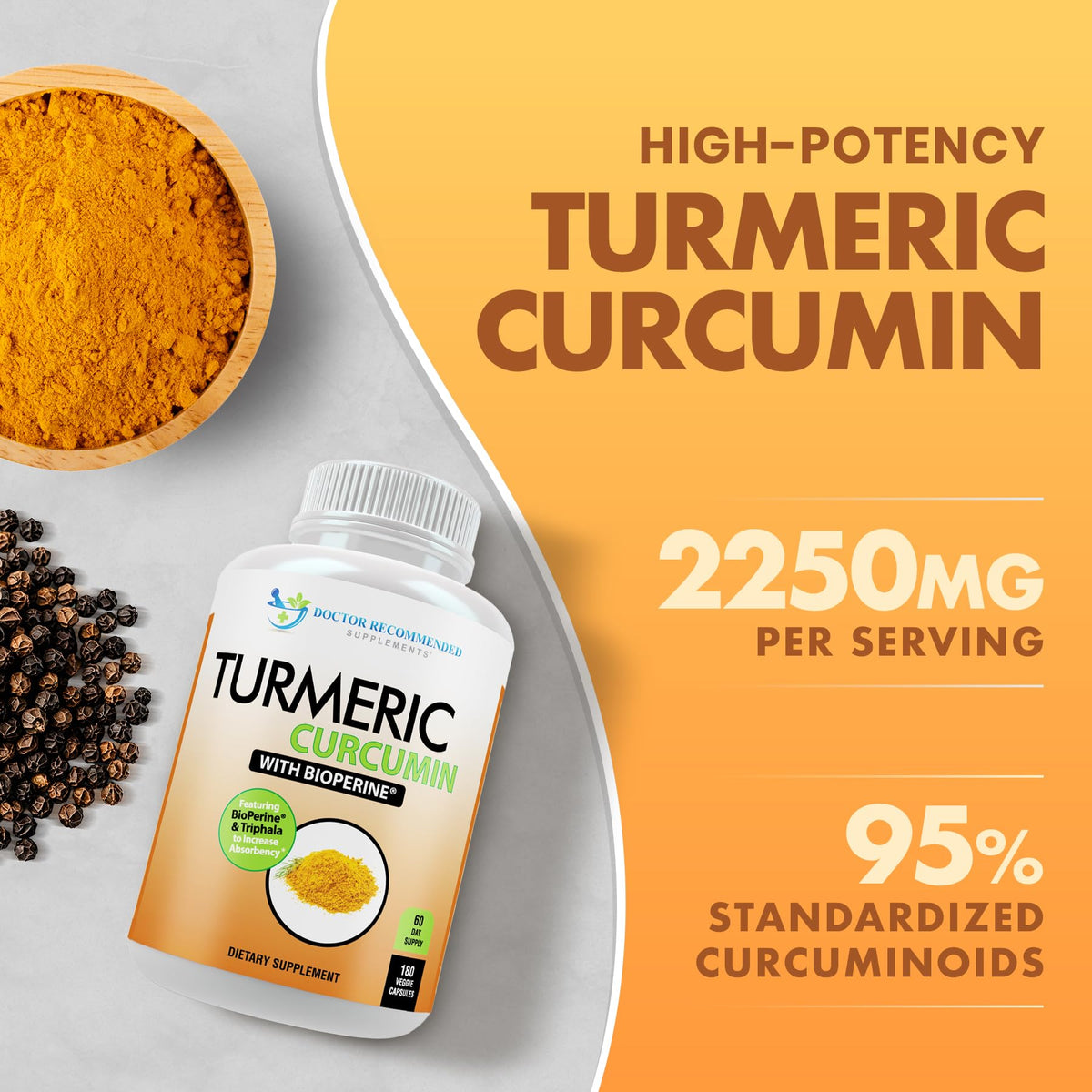 Turmeric Curcumin Supplement - 2250mg/d - Veggie Caps - 95% Curcuminoids with Black Pepper Extract (Bioperine) - 750mg Capsules - 100% Organic - Most Powerful Turmeric (180 Count)