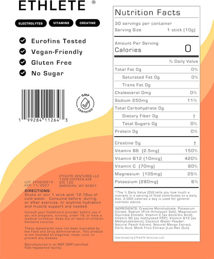Electrolytes + Vitamins + Creatine, Powder (3-Flavors), 5g Creatine Monohydrate, with Electrolytes, Magnesium, Potassium, Vitamins B6, B12 & C (Peach Mango, Lemon Lime, Raspberry Lemon)