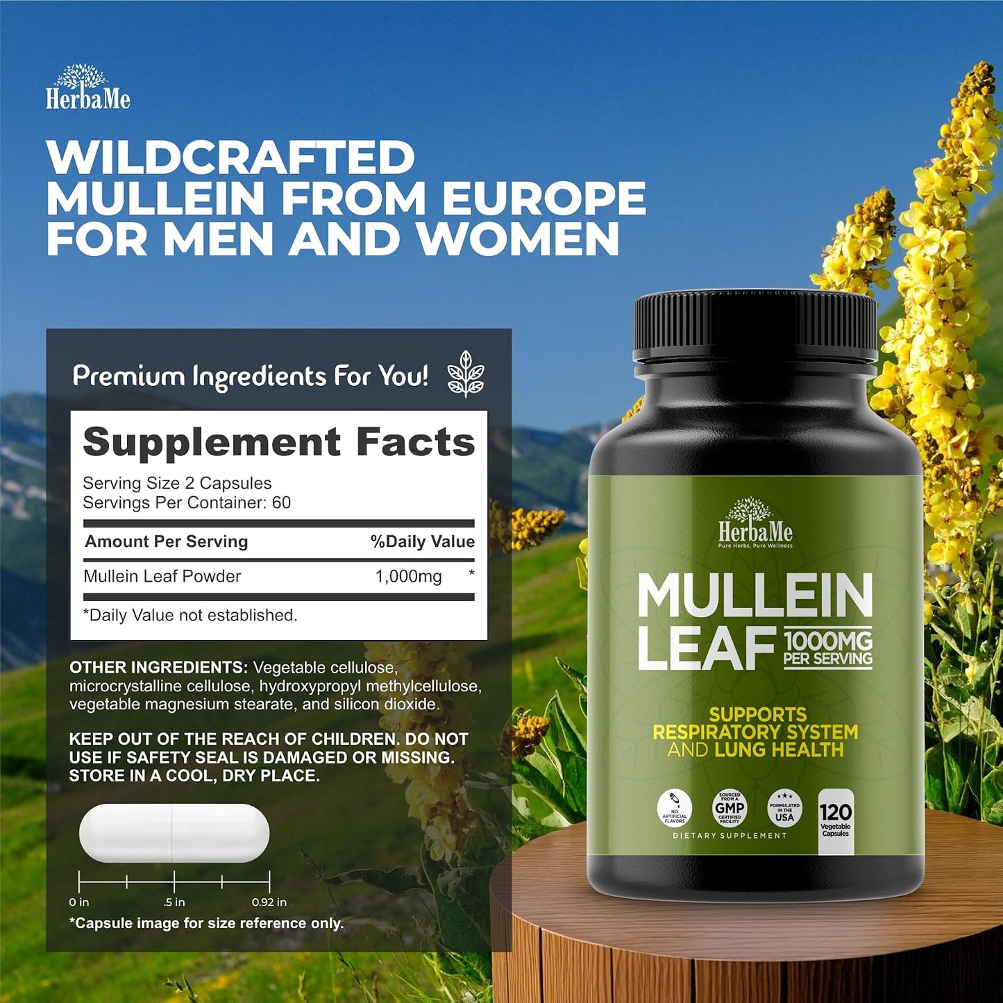HerbaMe Mullein Leaf 1000mg, 120 Capsules - Daily Respiratory Support Supplement, Supports Breathing Comfort & Mucus Balance, Herbal Lung Support for Smokers, Men & Women