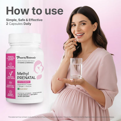 Power By Naturals Methyl Prenatal with Probiotics – Prenatal Vitamins for Women with Iron, Methyl Folate, B12 & 28 Nutrients & Botanicals – Vegan, Non-GMO, Gluten-Free – 60 Capsules (1-Month Supply)