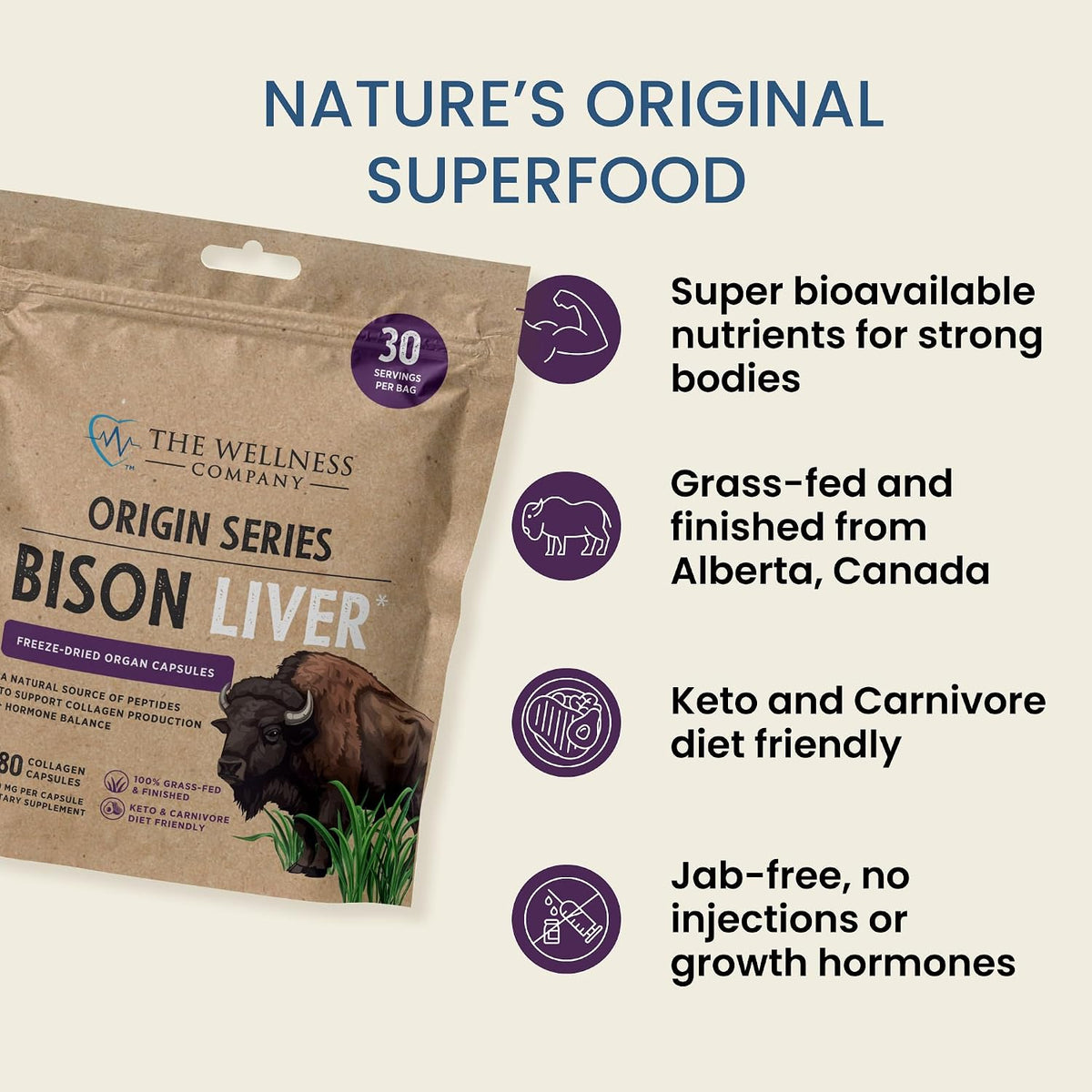 Bison Liver, 100% Grass-Fed Freeze-Dried Organ for Collagen & Skin, 90ct