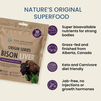 Bison Liver, 100% Grass-Fed Freeze-Dried Organ for Collagen & Skin, 90ct