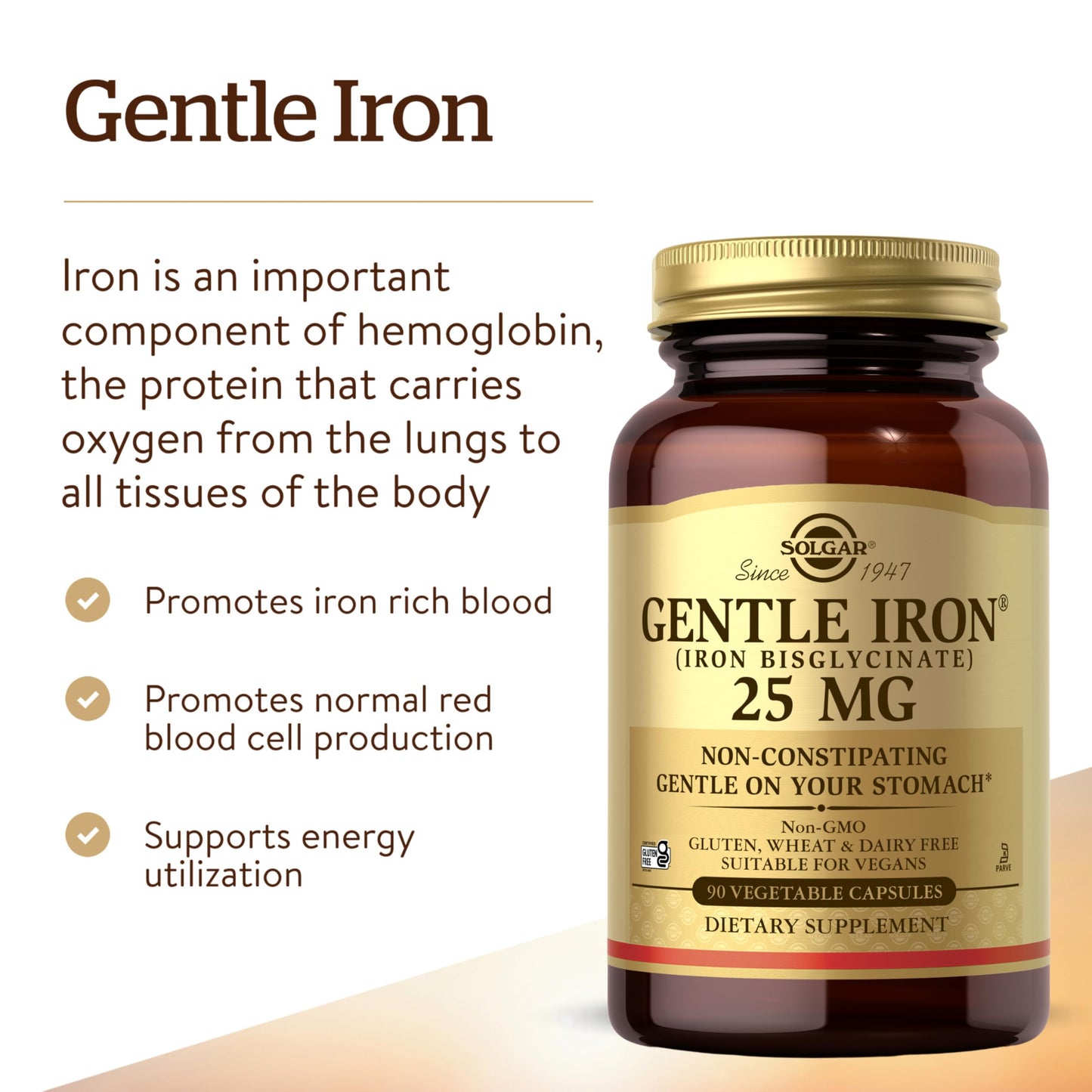 Solgar Gentle Iron, 180 Vegetable Capsules - Ideal for Sensitive Stomachs - Non-Constipating - Red Blood Cell Supplement - Non GMO, Vegan, Gluten-Free, Dairy Free, Kosher - 180 Servings