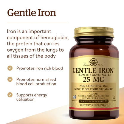 Solgar Gentle Iron, 180 Vegetable Capsules - Ideal for Sensitive Stomachs - Non-Constipating - Red Blood Cell Supplement - Non GMO, Vegan, Gluten-Free, Dairy Free, Kosher - 180 Servings