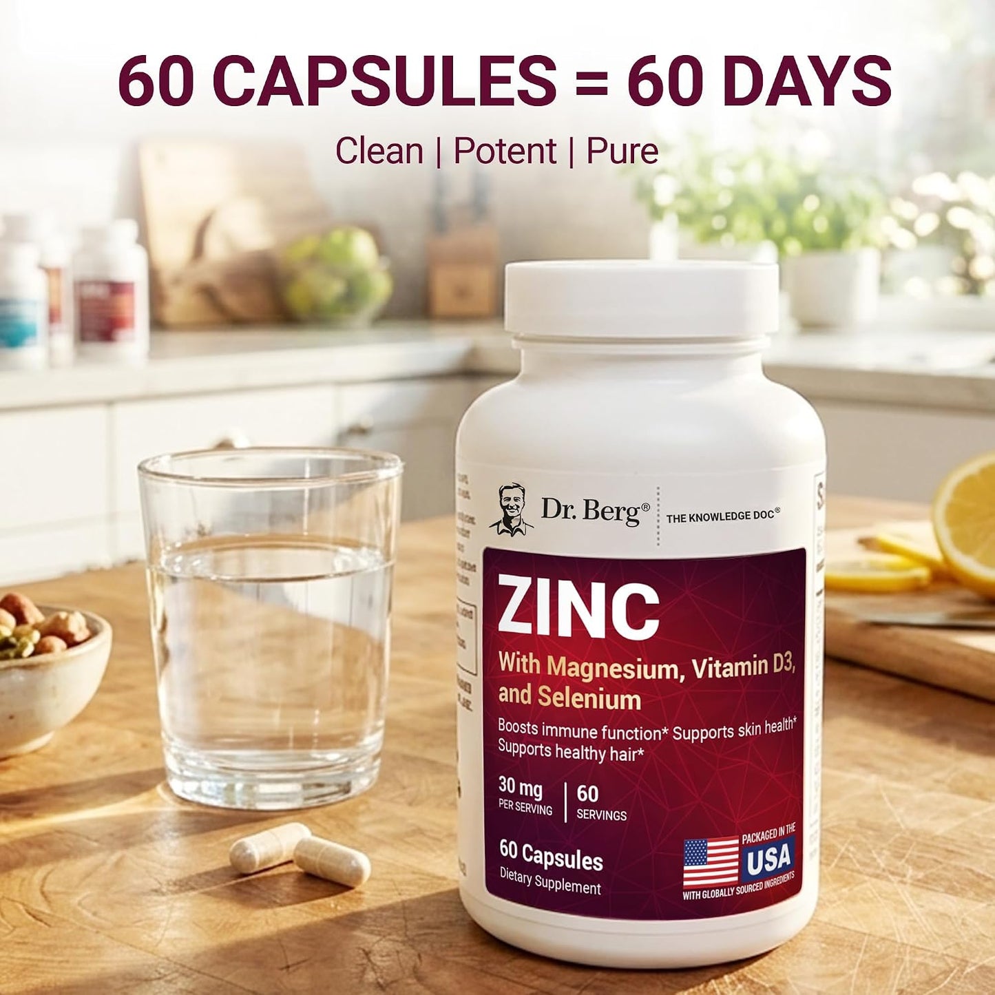 Dr. Berg Zinc 30 mg (60 Capsules) – High Potency 7-in-1 Immune Support Formula – Chelated Zinc with Vitamin D & Selenium for Healthy Skin, Hair & Daily Wellness – No Fillers, 4X Tested*