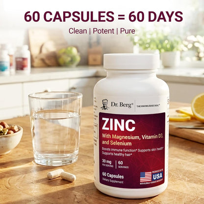 Dr. Berg Zinc 30 mg (60 Capsules) – High Potency 7-in-1 Immune Support Formula – Chelated Zinc with Vitamin D & Selenium for Healthy Skin, Hair & Daily Wellness – No Fillers, 4X Tested*