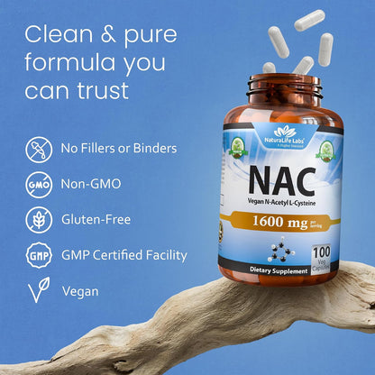 NaturaLife Labs N-Acetyl-L-Cysteine (NAC) 1600 mg – 100 Capsules - Vegan, Non-GMO & Gluten-Free