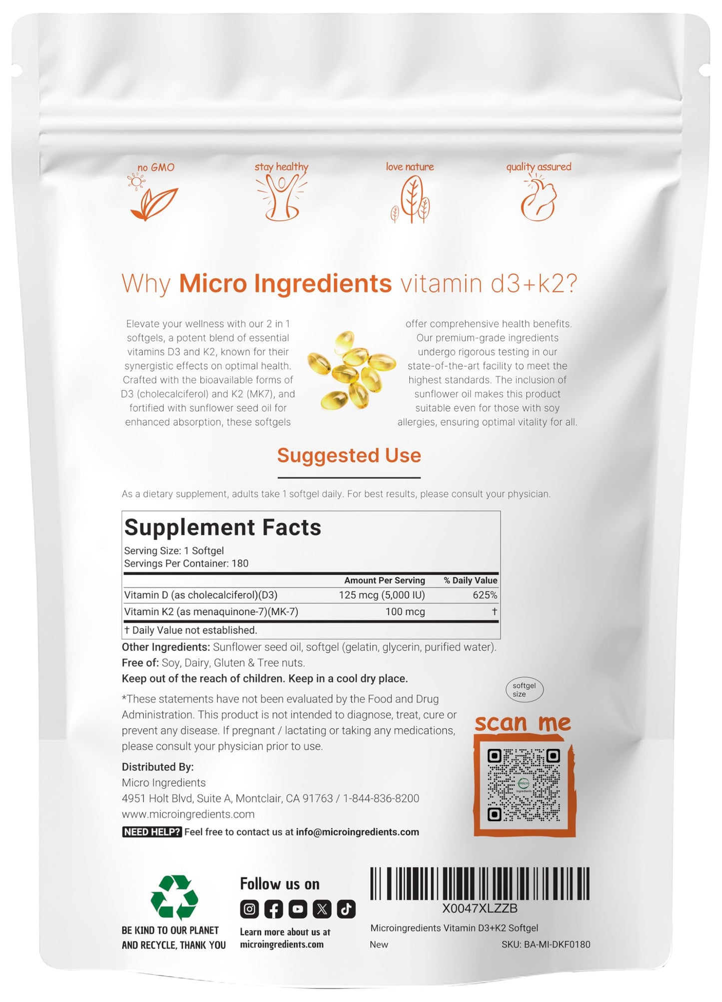 Micro Ingredients Vitamin D3 5,000 IU + K2 MK-7 100 mcg, 300 Softgels | 2-in-1 Vitamins D & K Complex | Extra Strength, Easy to Swallow, Non-GMO, Gluten Free