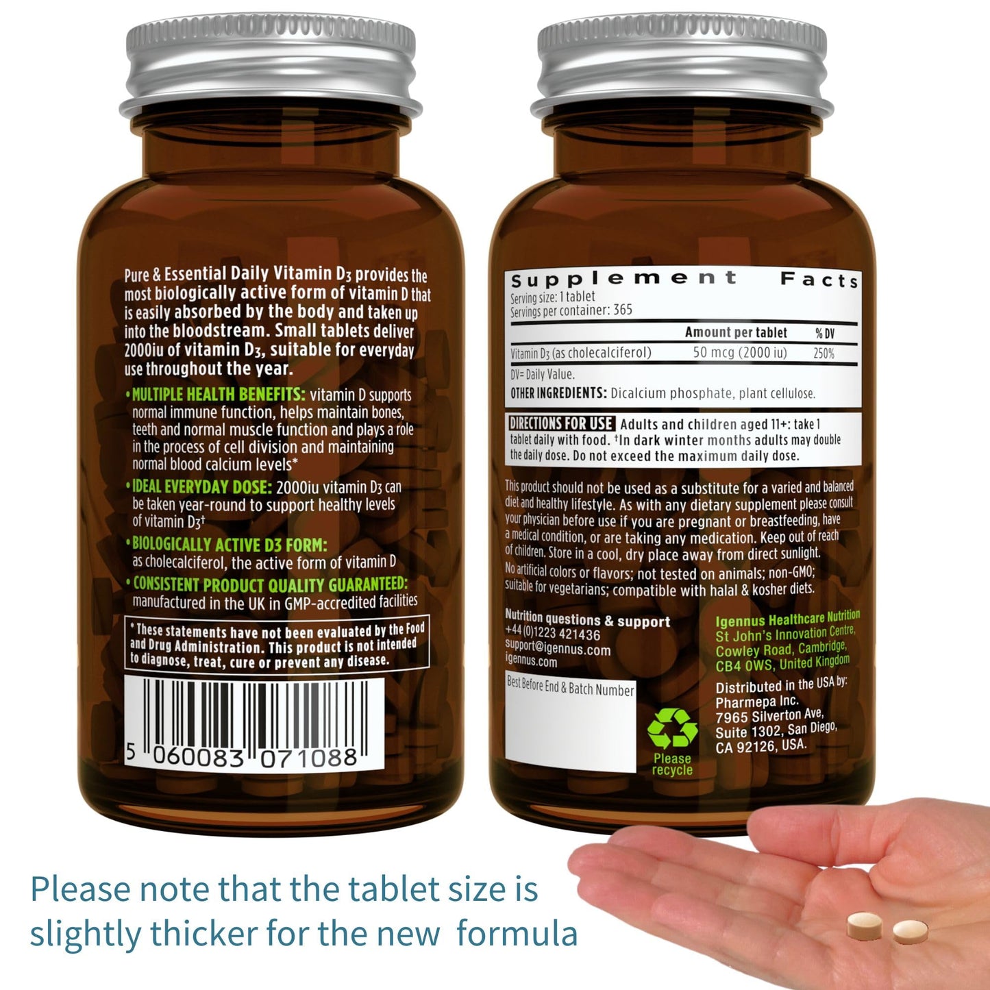 Igennus Daily Vitamin D3 2000iu, 50 mcg, Clean Label, 365 Small Tablets, 1-Year Supply, Vegetarian Cholecalciferol Vitamin D Supplement