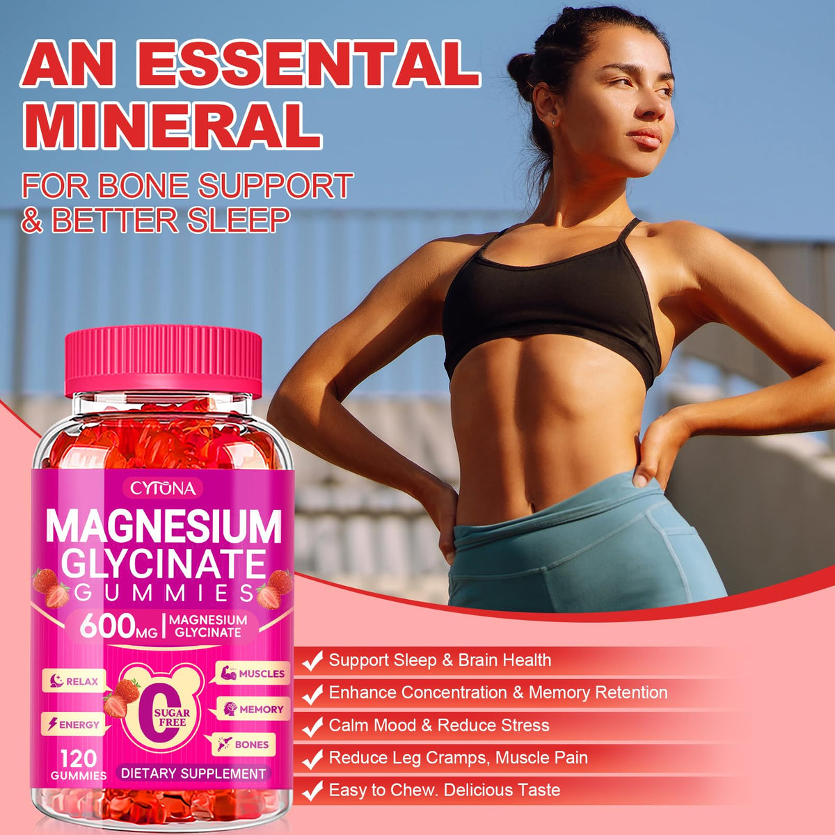 Magnesium Glycinate Gummies 600mg, Sugar Free Magnesium Gummies for Adults