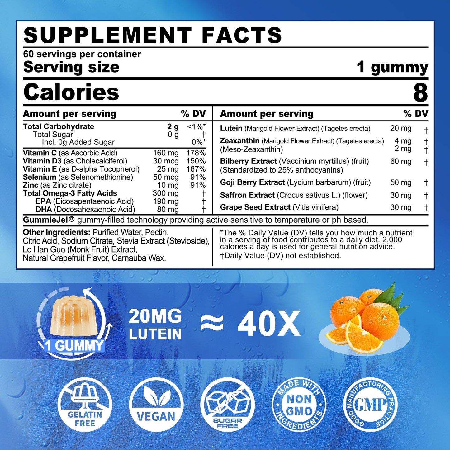 Lutein 20mg 40mg and Zeaxanthin Supplements for Eyes, Lutein Gummies with Omega 3, Saffron, Zinc, Bilberry & Goji Berry for Vision Support - Eye Vitamins Gummies for Seniors - Vegan, Sugar Free, 60ct