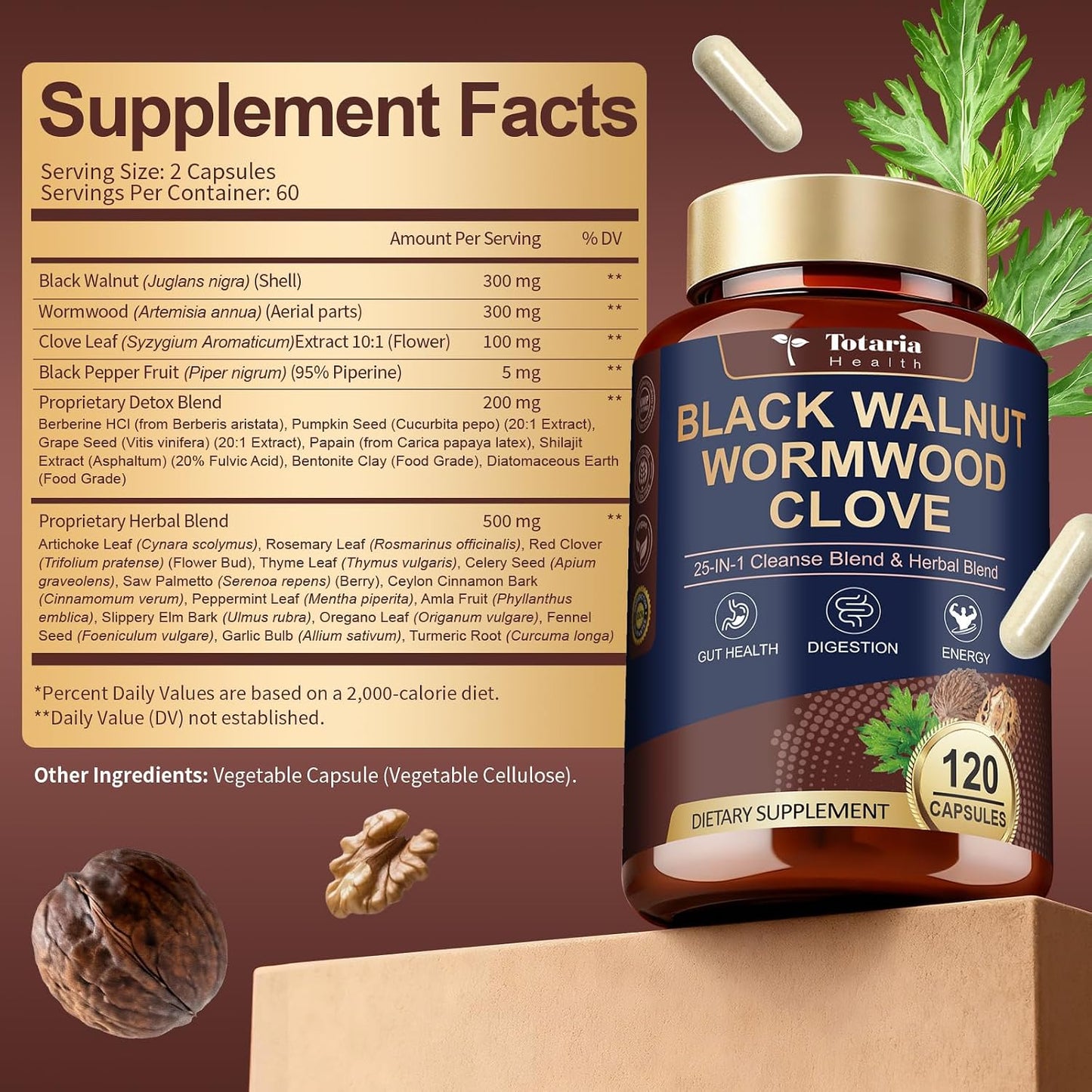 Totaria 120 Counts 25-in-1 Wormwood Black Walnut Clove Cleanse for Humans Capsules - Gut Cleanse & Digestive & Liver Health with Clove Pumpkin Seed Oil Garlic Oregano - Herbal Vegan Capsules