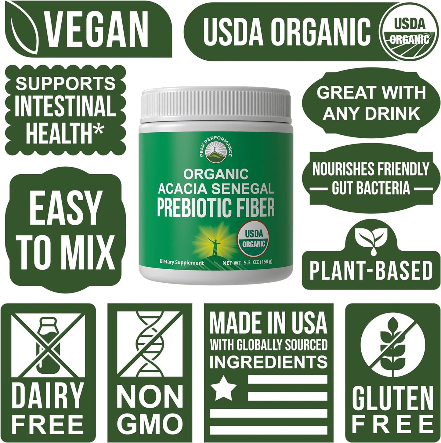 Peak Performance Organic Acacia Senegal Prebiotic Fiber Powder - Unflavored USDA Plant Based Soluble Vegan Prebiotics Gut Health Supplement with Digestive Enzymes 5 oz
