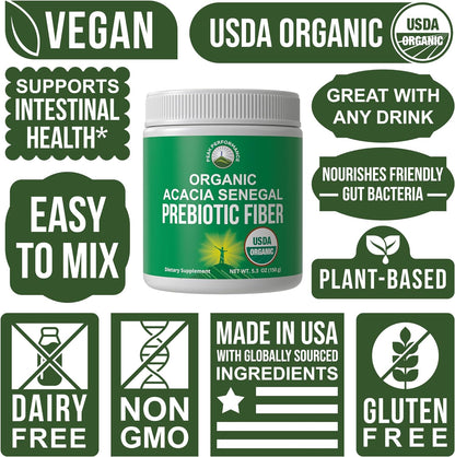 Peak Performance Organic Acacia Senegal Prebiotic Fiber Powder - Unflavored USDA Plant Based Soluble Vegan Prebiotics Gut Health Supplement with Digestive Enzymes 5 oz