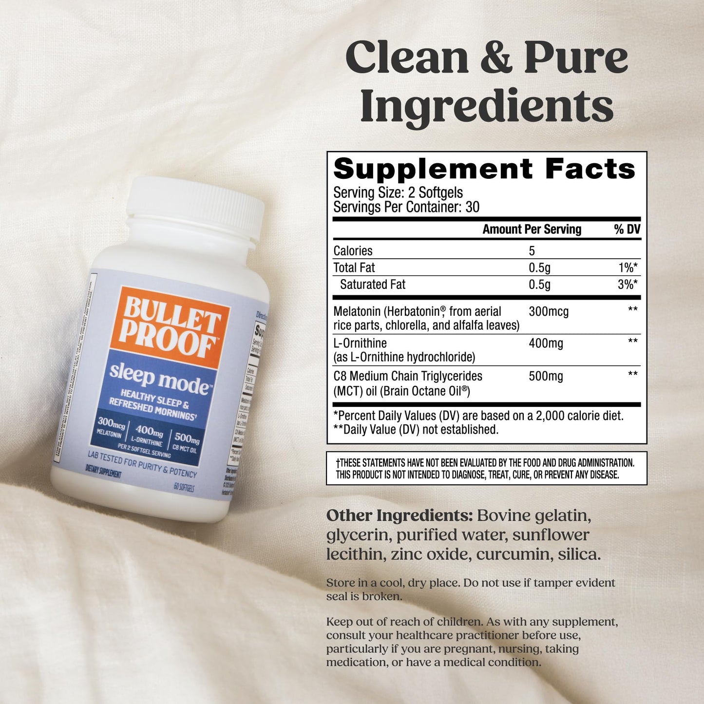 Bulletproof Sleep Mode Softgels, 60 Count, Supplement with Brain Octane C8 MCT Oil to Support Sleep