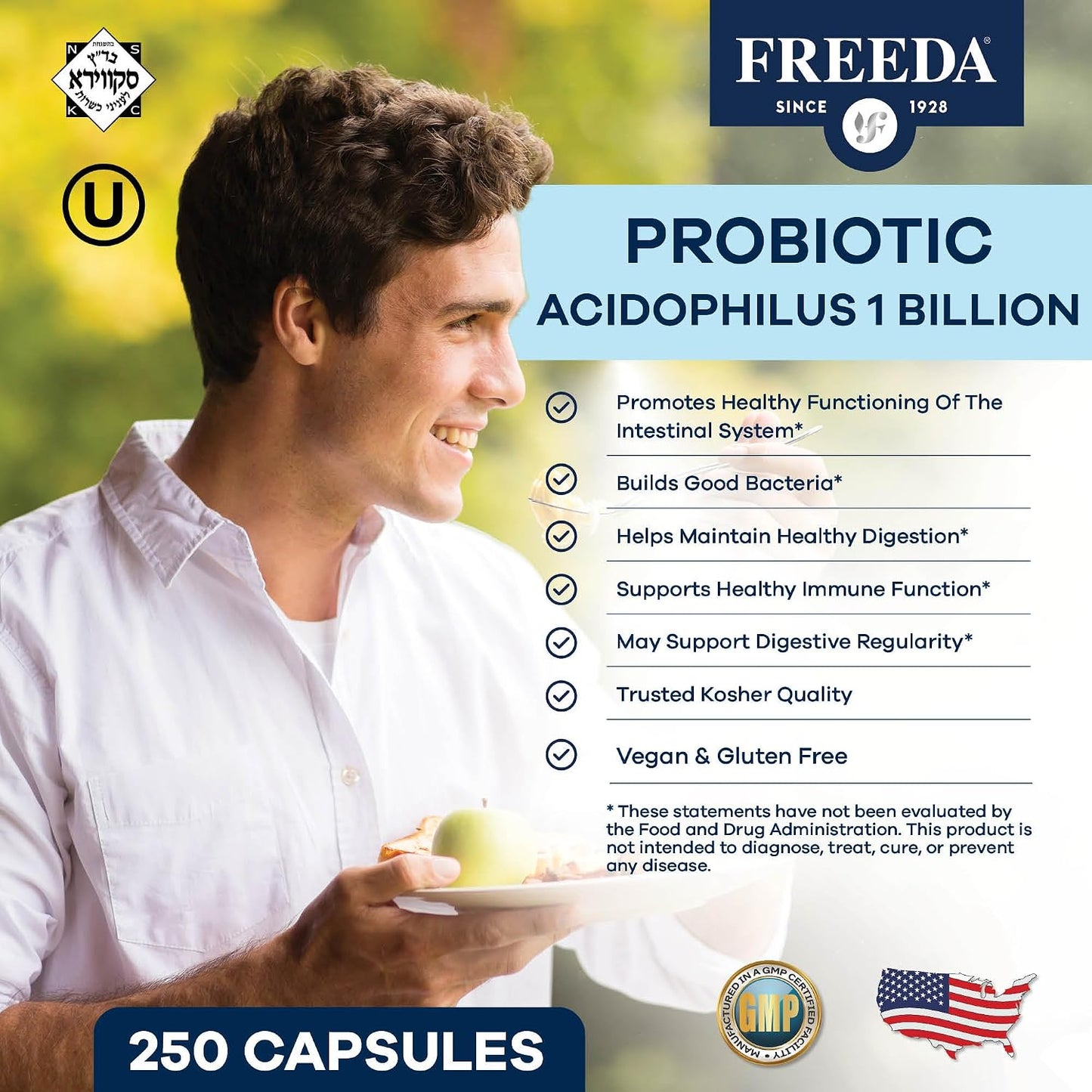 FREEDA Acidophilus Probiotic 1 Billion CFU for Digestive Support – 100ct | Immune Function & Digestive Health Support for Women & Men – Vegan, Kosher, Gluten-Free, & Made in USA