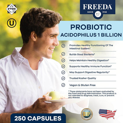 FREEDA Acidophilus Probiotic 1 Billion CFU for Digestive Support – 100ct | Immune Function & Digestive Health Support for Women & Men – Vegan, Kosher, Gluten-Free, & Made in USA