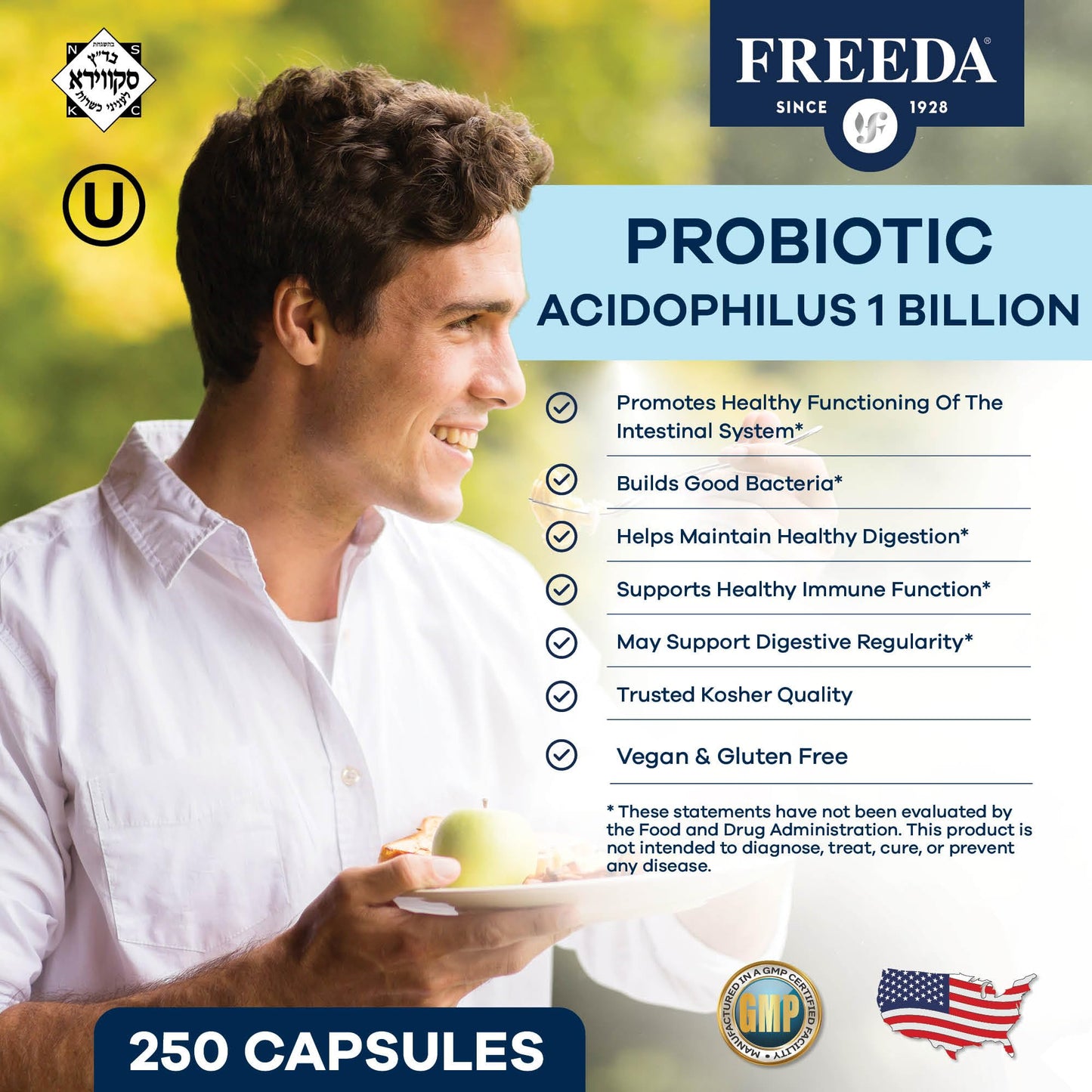 FREEDA Acidophilus Probiotic 1 Billion CFU for Digestive Support – 100ct | Immune Function & Digestive Health Support for Women & Men – Vegan, Kosher, Gluten-Free, & Made in USA