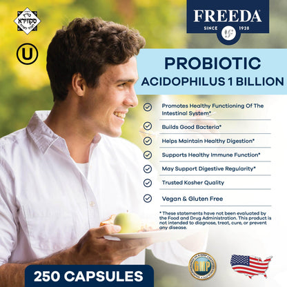 FREEDA Acidophilus Probiotic 1 Billion CFU for Digestive Support – 100ct | Immune Function & Digestive Health Support for Women & Men – Vegan, Kosher, Gluten-Free, & Made in USA