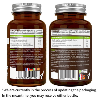 Igennus Vegan Omega-3 Algae Oil, IAOS Certified Pure, 400mg DHA & 200mg EPA per Serving, Triglyceride Form, Supports Brain & Heart Health, with Astaxanthin, 60 Small Softgels (30 Servings)