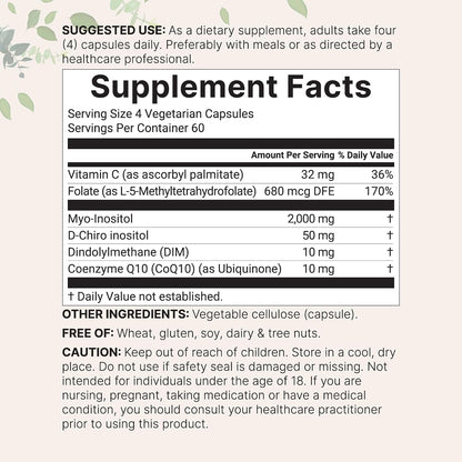 Myo-Inositol & D-Chiro Inositol 2,050mg | 240 Veggie Capsules + Vitamin C, Folate, DIM, & CoQ10 | Inositol Supplement for Women | 40:1 Ratio | Hormonal Balance & Ovarian Support | Filler Free