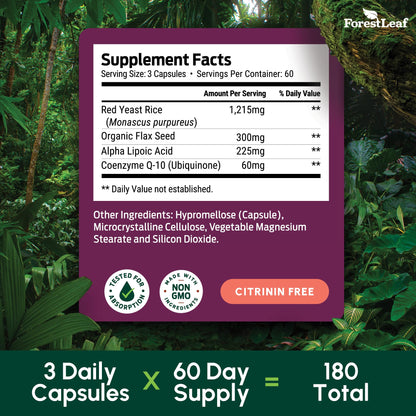 Red Yeast Rice 1215 mg. Capsules - Extra Strength Red Rice Yeast with CoQ10 Supplement, Plus Alpha Lipoic Acid & Organic Flaxseed, Citrinin Free, Supports Cardiovascular Health, Non-GMO 90 Veggie Caps