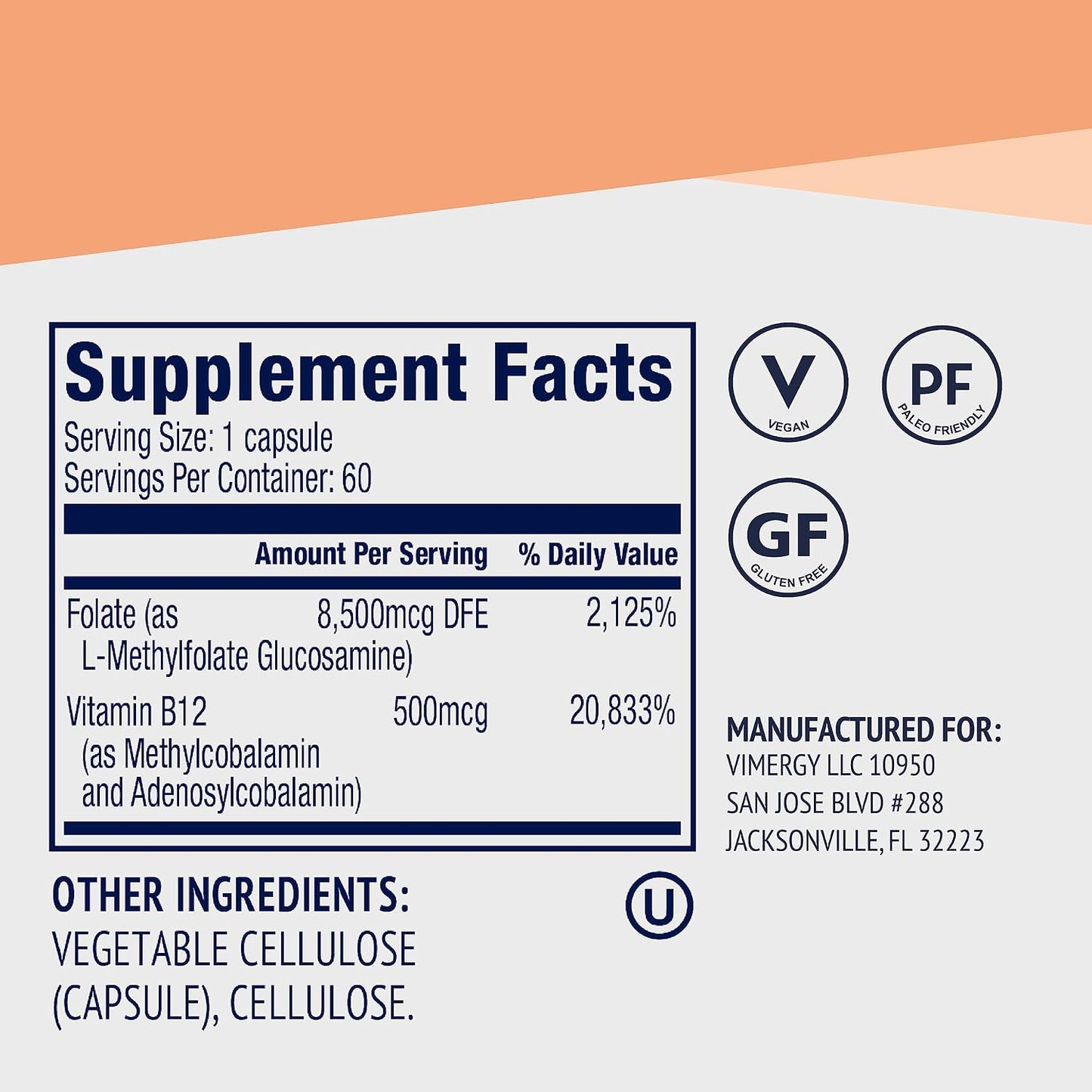 Vimergy 5-MTHF Capsules – 60 Servings (1 Capsule/Serving) 8500mcg L-Methylfolate Glucosamine and 500 mcg Vitamin B12 Supplement –Bioavailable Folate Supplement, Vegan (60 ct)