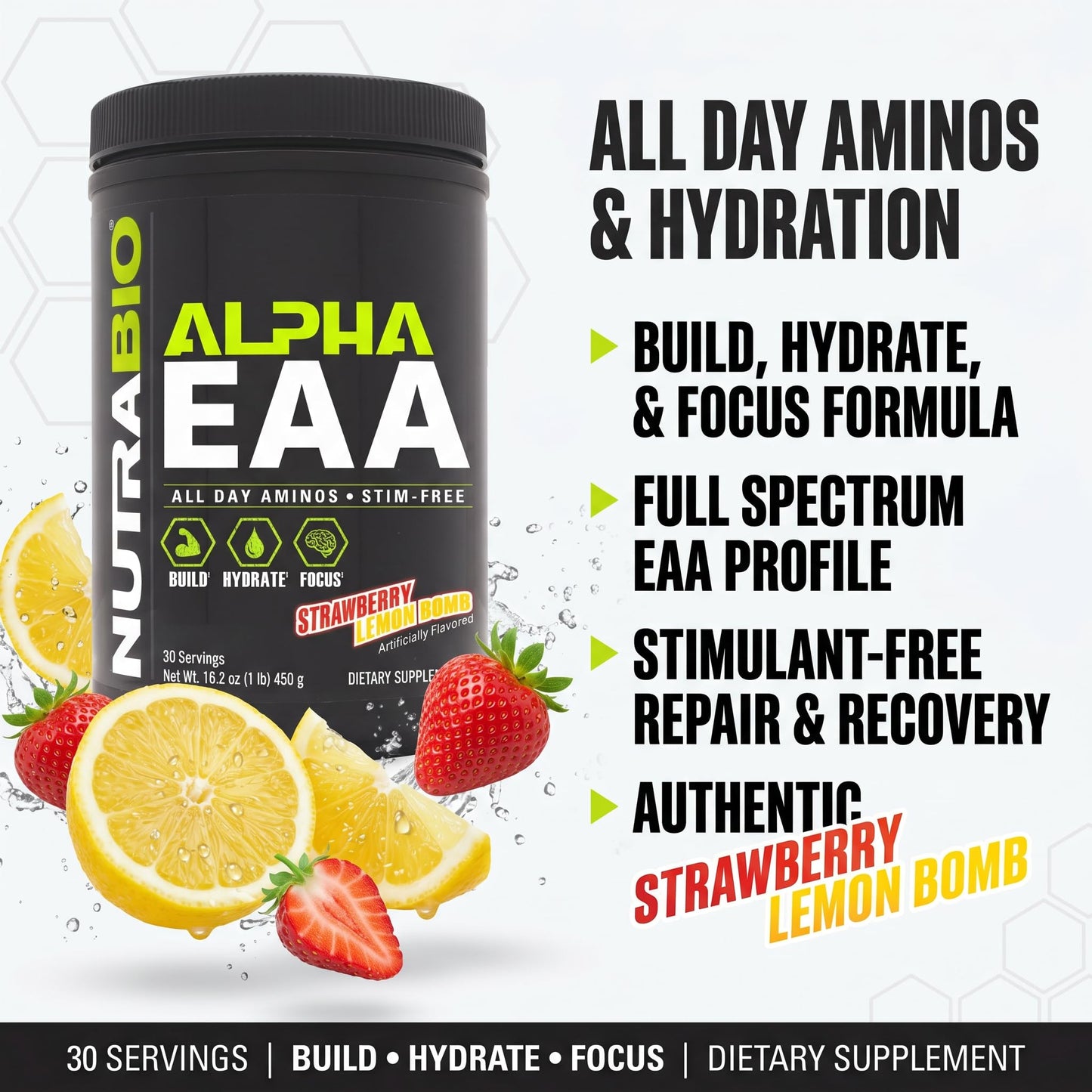 NutraBio Alpha EAA - All-Day Amino Acids for Muscle Growth and Hydration - Essential Amino Acids with Nootropics & Adaptogens- Full Spectrum EAA BCAA Powder - 30 Servings - Strawberry Lemon