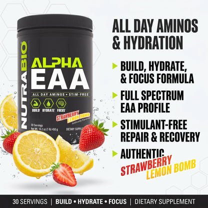 NutraBio Alpha EAA - All-Day Amino Acids for Muscle Growth and Hydration - Essential Amino Acids with Nootropics & Adaptogens- Full Spectrum EAA BCAA Powder - 30 Servings - Strawberry Lemon