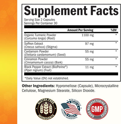 Turmeric Supplement with Saffron, Cinnamon, Cardamom & BioPerine - 60ct