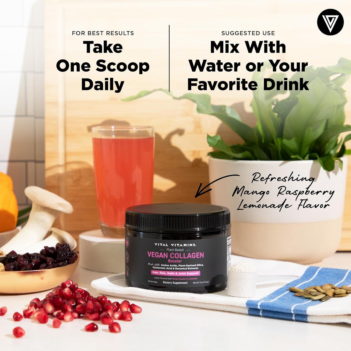 Vital Vitamins Vegan Collagen Booster Powder with Amino Acids & Vitamin C | Mango Raspberry Lemonade Flavor, Plant-Powered Collagen Support with Biotin & Hyaluronic Acid, 30 Servings