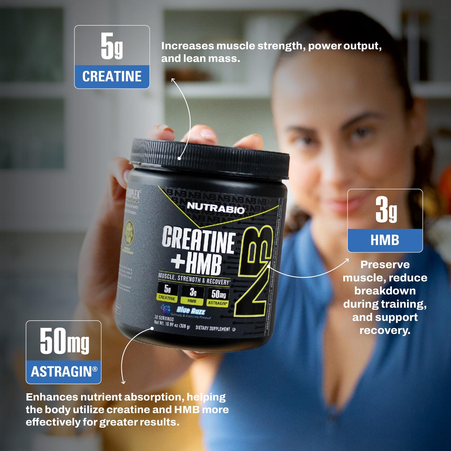 NutraBio Creatine + HMB- Creatine Monohydrate with HMB Powder for Muscle Growth, Increased Strength- 30 Servings (Unflavored)