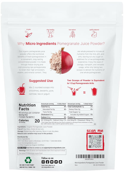 Organic Pomegranate Juice Powder, 1 Pound | 100% Natural Fruit Powder | Freeze Dried & Cold Pressed | No Sugar & Additives | Great Flavor for Drinks, Smoothie, & Beverages | Non-GMO & Vegan Friendly